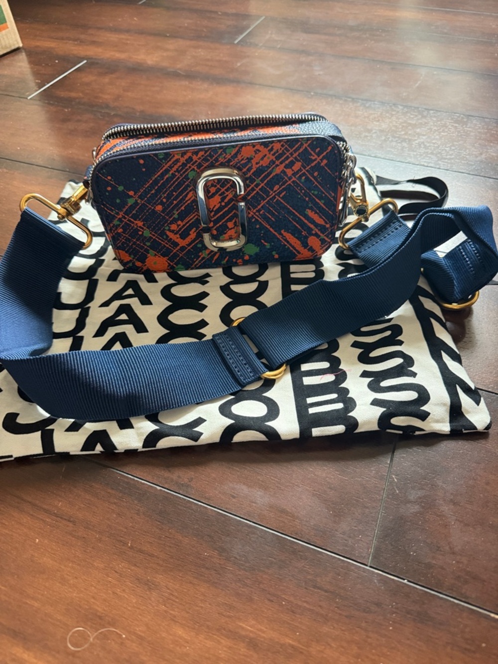 Marc Jacobs Navy Leather Snapshot Camera Bag with Orange Paint-Splatter new